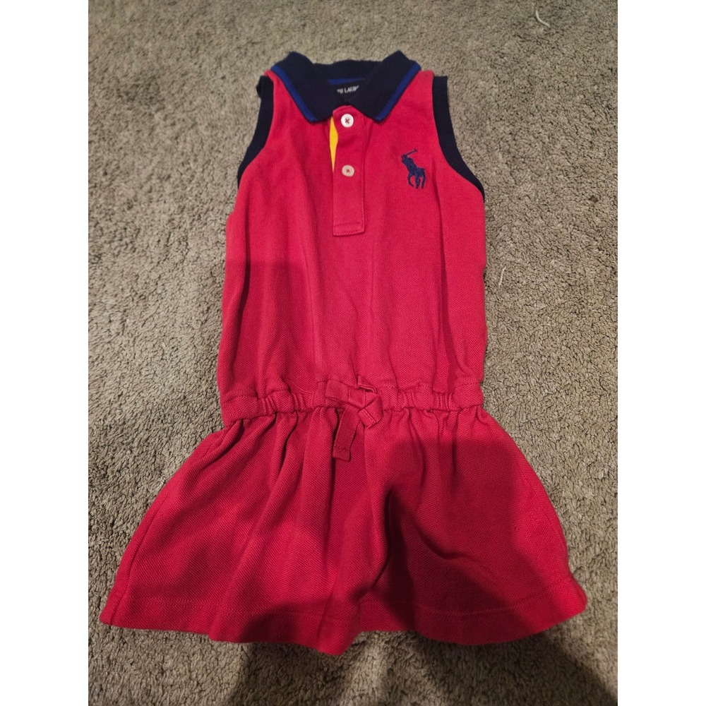 Ralph Lauren Baby Girls Red Sleeveless Polo Dress Navy Trim Flag Patch 18M